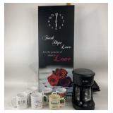 Mr. Coffee Maker, Wall Clock, Ceramic Mugs