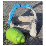 Cement Basket With Rabbit Peeking In & Blue Bow