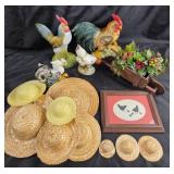 Rooster Figurines, Miniature Straw Hats, Framed Ch