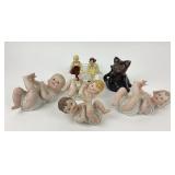 Ceramic Babies, Boy And Girl Figurines, Black Cat