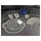 Pressed Glass Serving Tray, Creamers, Blue Pitcher
