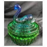 Green Glass Trinket Box With Swan Lid