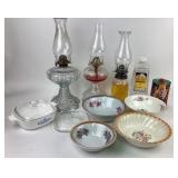 Glass Oil Lamps, CorningWare Dishes, Floral Bowls