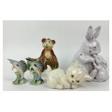 Ceramic Figures: Kitten, Bunnies, Swordfish, bear