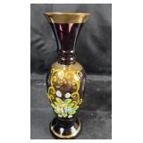 Hand-Painted Amethyst Glass Vase With Floral Desig
