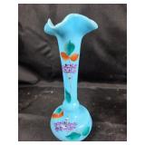 Blue Glass Vase With Hand-Painted Floral Design