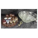 Glass Punch Bowl, Ladle, Cups, Amber Tray, Glasswa