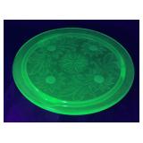 Green Depression Glass Cake Plate with Floral Desi