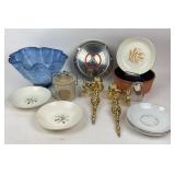 Art glass bowl, Brass Candlesticks, hubcap,ï¿½Plates