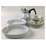 Corning Ware Coffee Pot/Dishes, Pine Cups