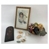 Framed Tennis Illustration, Copper Relief, Shells,