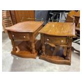 2 wood end tables, brass, ceramic accents