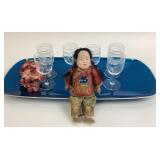 Etched Crystal Glasses, Porcelain Dolls, Blue Tray
