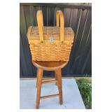 Wicker Picnic Basket and Wooden Stool
