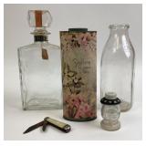 Glass Bottles, Talc Tin, Knife