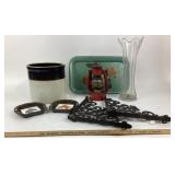 Red Winged Wheel Lantern, Crock, Cast Iron Bracket