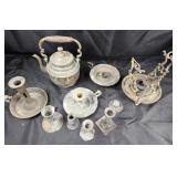 Metal Teapot, Candle Holders, Inkwell Set