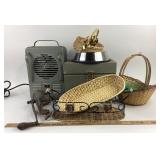 Metal File Box, Lakewood Heater, Wicker Baskets