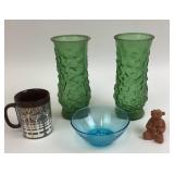 Green Glass Vases, Blue Bowl, Terracotta Figurine