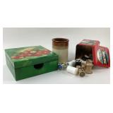 Wooden Box, Milky Way Tin, Spools of Thread