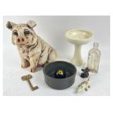 Hangar Pottery Pig, Haeger Pedestal Bowl, Key +