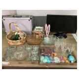 Hanspree Monitor, Decorative Glassware, Baskets +