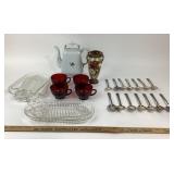 Tea Pot, Crystal Snack Trays, Silverplate Spoons