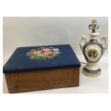 Needlepoint Wooden Box, Porcelain Table Lamp