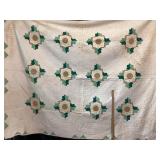 Handmade White Quilt; Green Brown Floral Designs