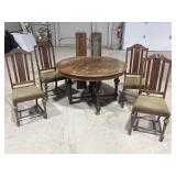 Wood table, 2 leaves, 4 chairs