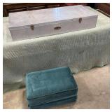 Metal storage chest, green fabric footstool