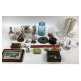Ceramic Figurines, Glassware, Ball Jar, Framed Art
