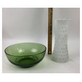 MCM Green Glass Bowl, Milk Glass Diamond Vase