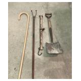 Wood Cane, Metal Hay Hook, Railroad Weight Shovel