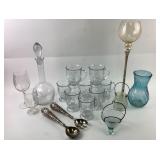 Etched Glassware, Blue Vase, Silver Salad Servers