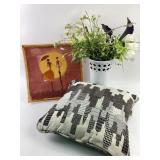 Figural Glass Plate, Floral Vase, Skyline Pillow