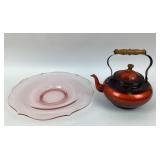 Pink Depression Platter, & 2 toned Teapot w/