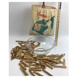 Pyrex Glass Bowl, Champion Clothespin Bag, Wooden