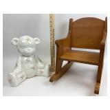 White Porcelain Floral Teddy, Wooden Doll Rocking