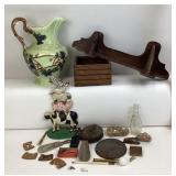 Cast Iron Animal Stand, Grape Pitcher, Wooden Corn