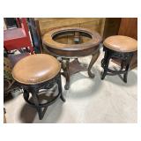 Circular accent table no glass, 2 ornate stools