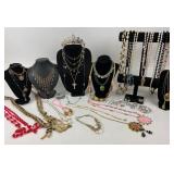 Costume Jewelry: Tiara, Coral color bib Necklace,