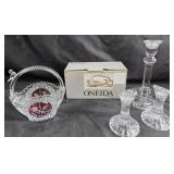 Oneida Butter Dish, Crystal Basket, Candle Holders