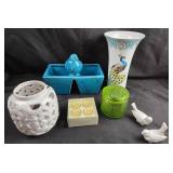Vera Bradley Vase, Ceramic Bird Figures, Green Gla