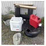 Galvanized Tub, Cooler, saw horses, water feature
