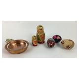 Russian Nesting Dolls, Painted Eggs, Copper Dish
