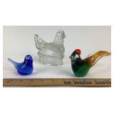 Glass Hen Candy Dish, Art Glass Birds