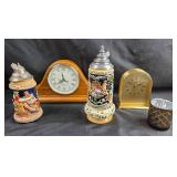 German Beer Steins, Clocks, Glass Cup