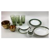 Green Marble China, Brass Cachepots, Green Glasses