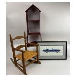 Framed Embroidery, Doll Rocking Chair, Arrow Shelf